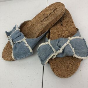 Lucky Brand Sandals Women Sz 8 M Denim Bow Cork Blue EU 38.5 Flats Boho